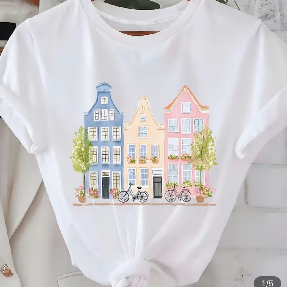 Soft White Tee with Pastel Houses Print. Short Sleeves